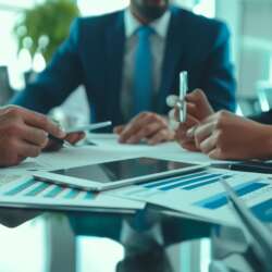 Business advisor photo business people talking Plan investment and market analysis on your office tablet.