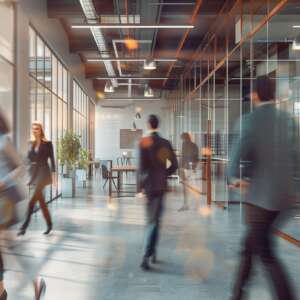 Businesspeople walking at modern office. group of business employees at coworking center. motion blur. concept work process. wide image. winning concept. Ultra realistic. Photorealistic