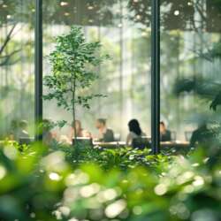 Blurred background of people walking in a modern office building with green trees and sunlight , eco friendly and ecological responsible business concept image with copy space Blurred background of people walking in a modern office building with green trees and sunlight , eco friendly and ecological responsible business concept image with copy space