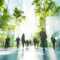 The concept of sustainability in business centers, crowds of business people walking at a corporate office in a green city downtown, abstract motion blur image with blurred background, generative AI